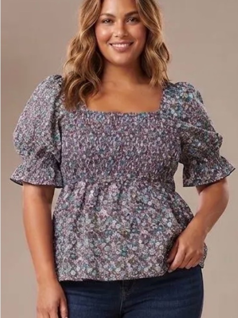 SHEIN Purple Floral Smocked Square-Neck Peplum Blouse